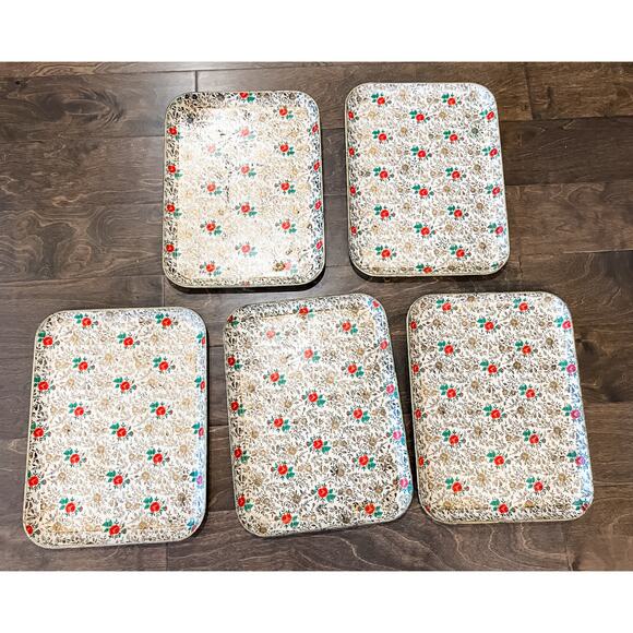 Isco Hand Painted Trays — Red & Green Floral Pattern — Made in Japan — Lot of 5 - Picture 4 of 4